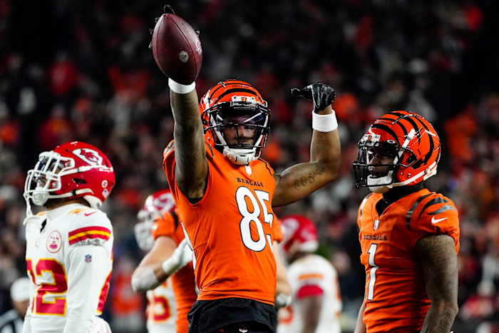 Dec 4, 2022; Cincinnati, Ohio, USA; Cincinnati Bengals wide receiver Tee Higgins (85) celebrates a first down reception in the fourth quarter of a Week 13 NFL game at Paycor Stadium. Mandatory Credit:Sam Greene-USA TODAY Sports